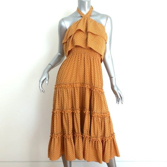 MISA Los Angeles Dresses & Skirts - MISA Halter Midi Dress Asya Pom Pom Trim Marigold Block Print Size Small